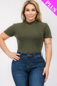 Plus Size Ribbed Short Sleeve Bodysuit - Olive / 1XL