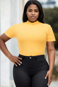 Plus Size Ribbed Short Sleeve Bodysuit - Gold / 1XL