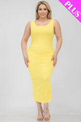 Plus Size Square Neck Ruched Bodycon Midi Dress - Yellow / 1XL