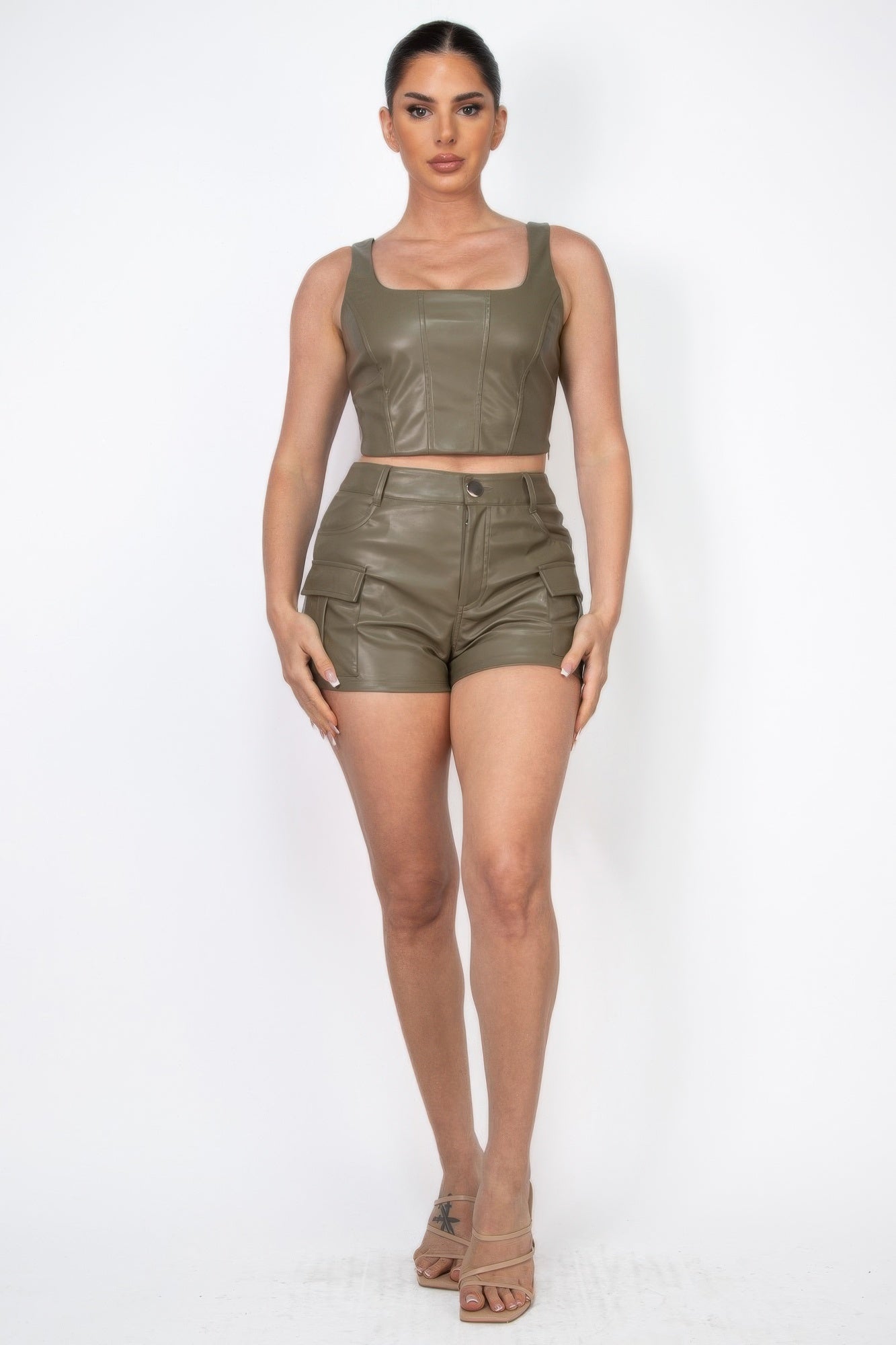 Faux Leather Square Zippered Crop Top