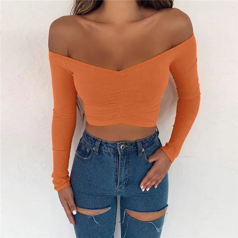 Long Sleeve Off Shoulder Solid T-shirt - Orange / S