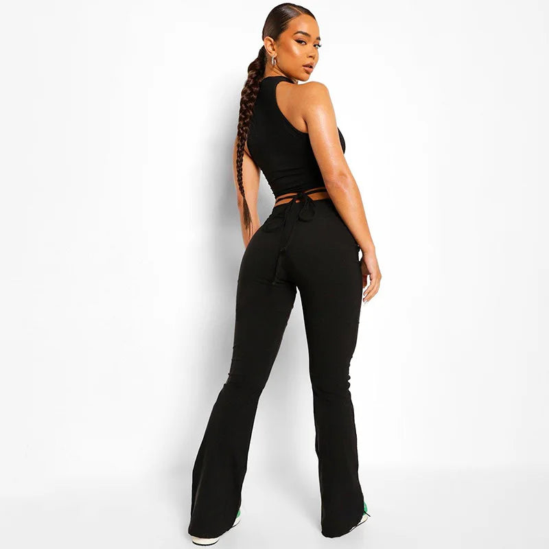 Low Rise Lace Up V Waist Flare Pants - XS