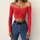 Long Sleeve Off Shoulder Solid T-shirt - Red / S