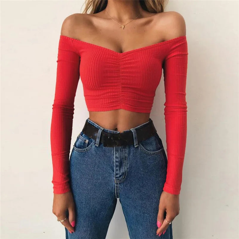 Long Sleeve Off Shoulder Solid T-shirt - Red / S