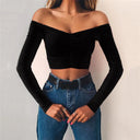 Long Sleeve Off Shoulder Solid T-shirt - Black / S