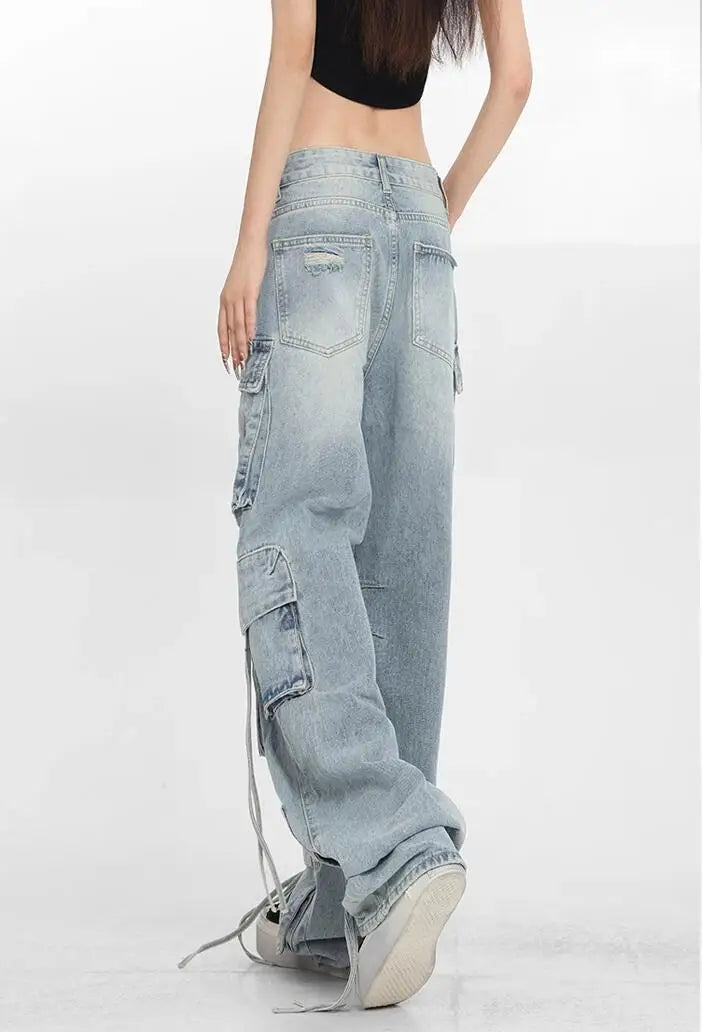 Light Blue Lace-up Wide Leg Baggy Denim Jeans