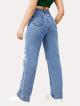 Blue Ripped Slash Pockets Baggy Straight Jeans