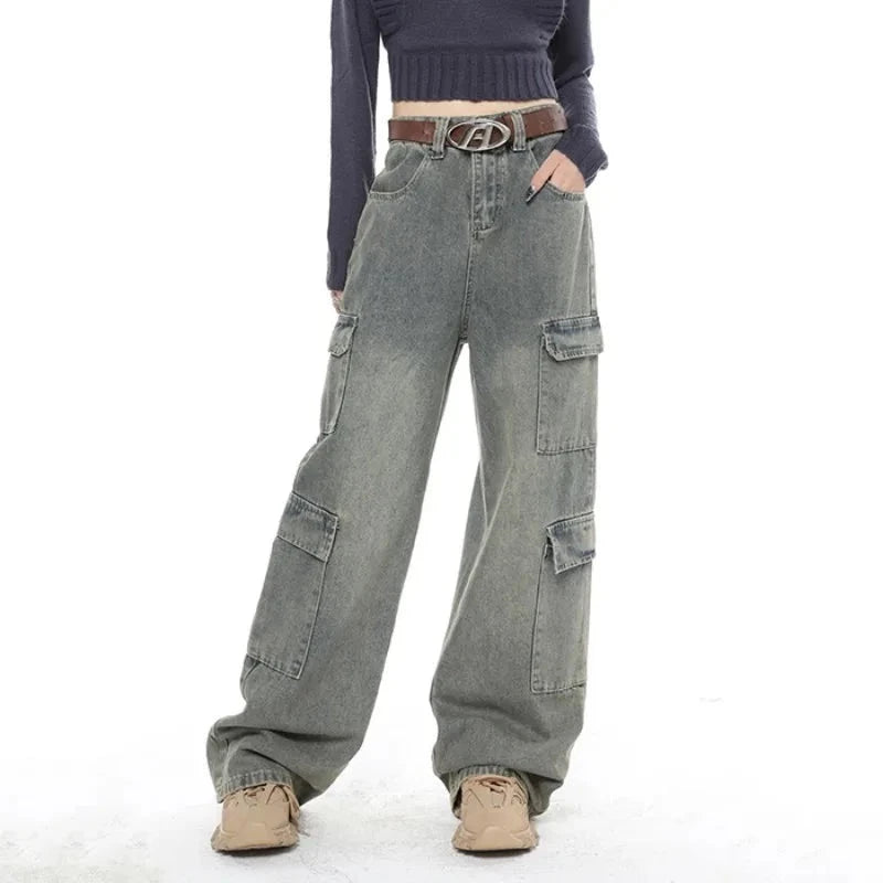 Grey High Waist Baggy Wide Leg Denim Trouser