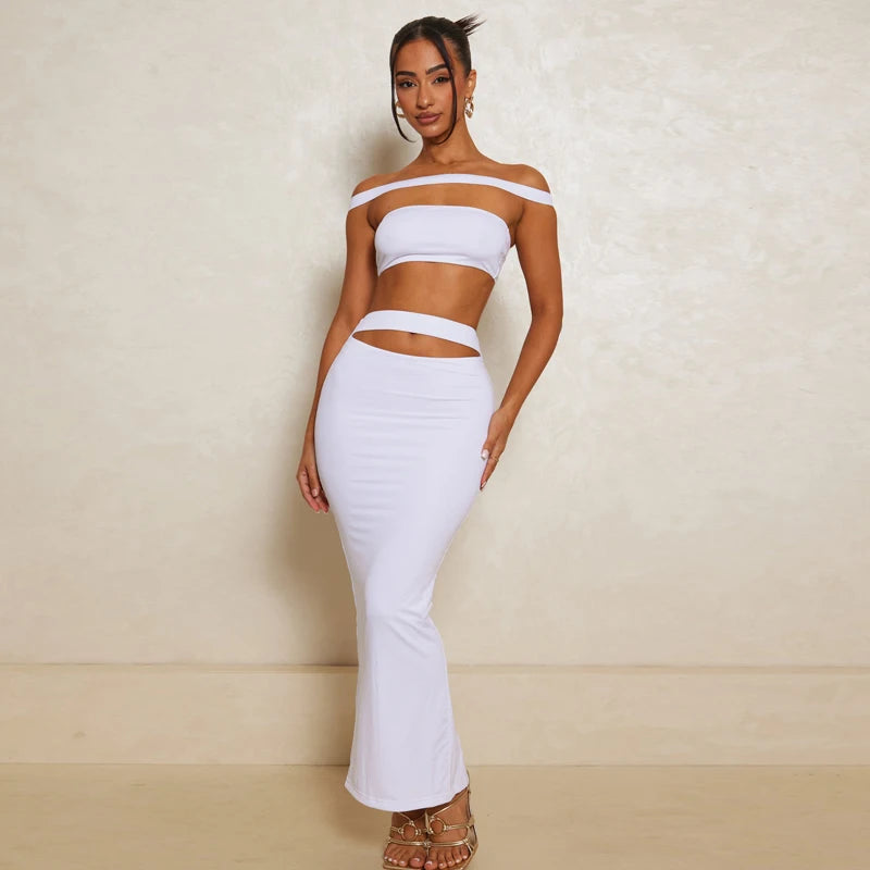 Hollow-Out Top & Elastic Waist Maxi Skirt set