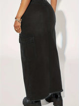 Distressed Washed Denim Cargo Midi Skirt