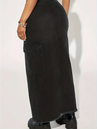 Distressed Washed Denim Cargo Midi Skirt