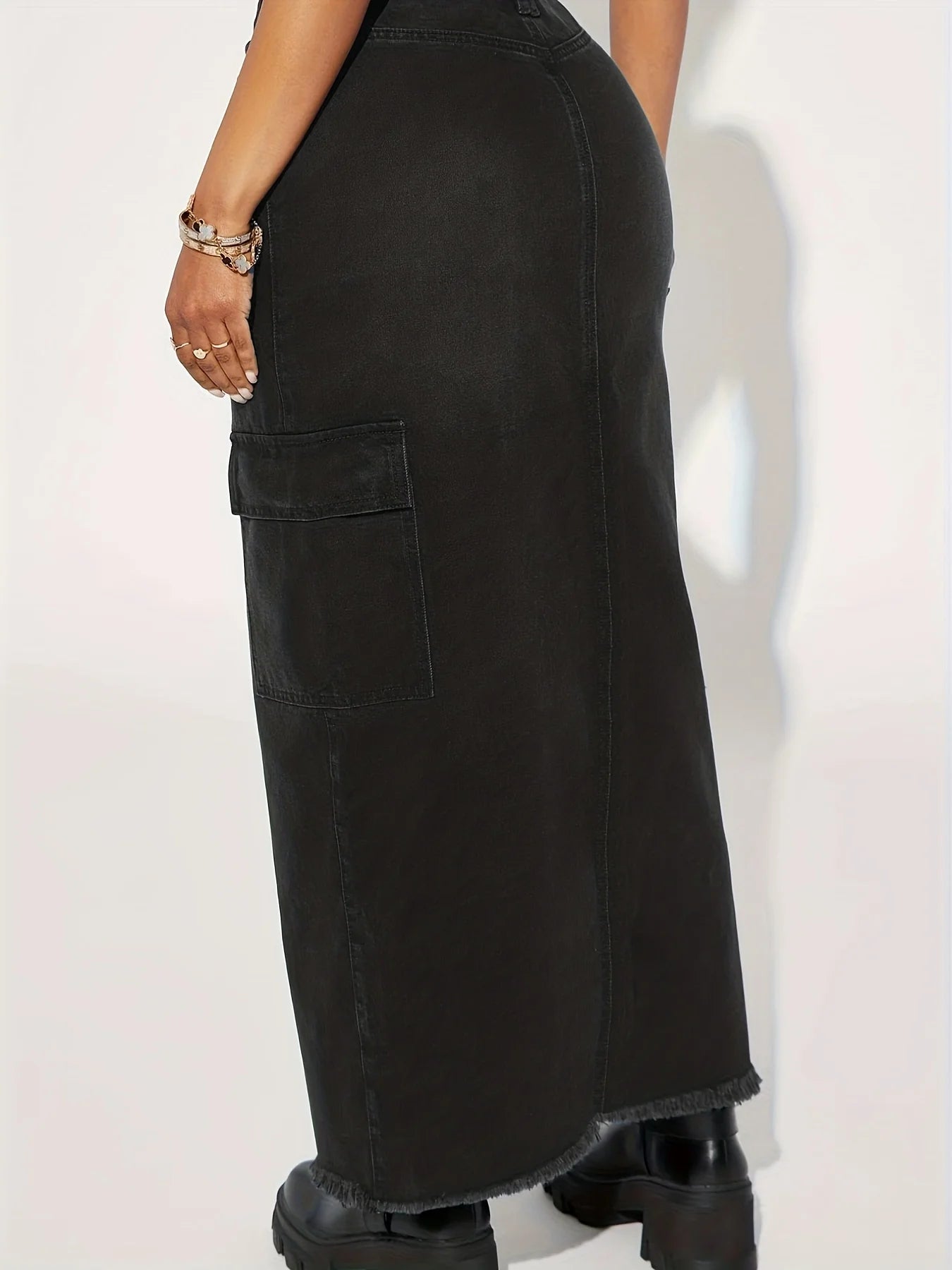 Distressed Washed Denim Cargo Midi Skirt