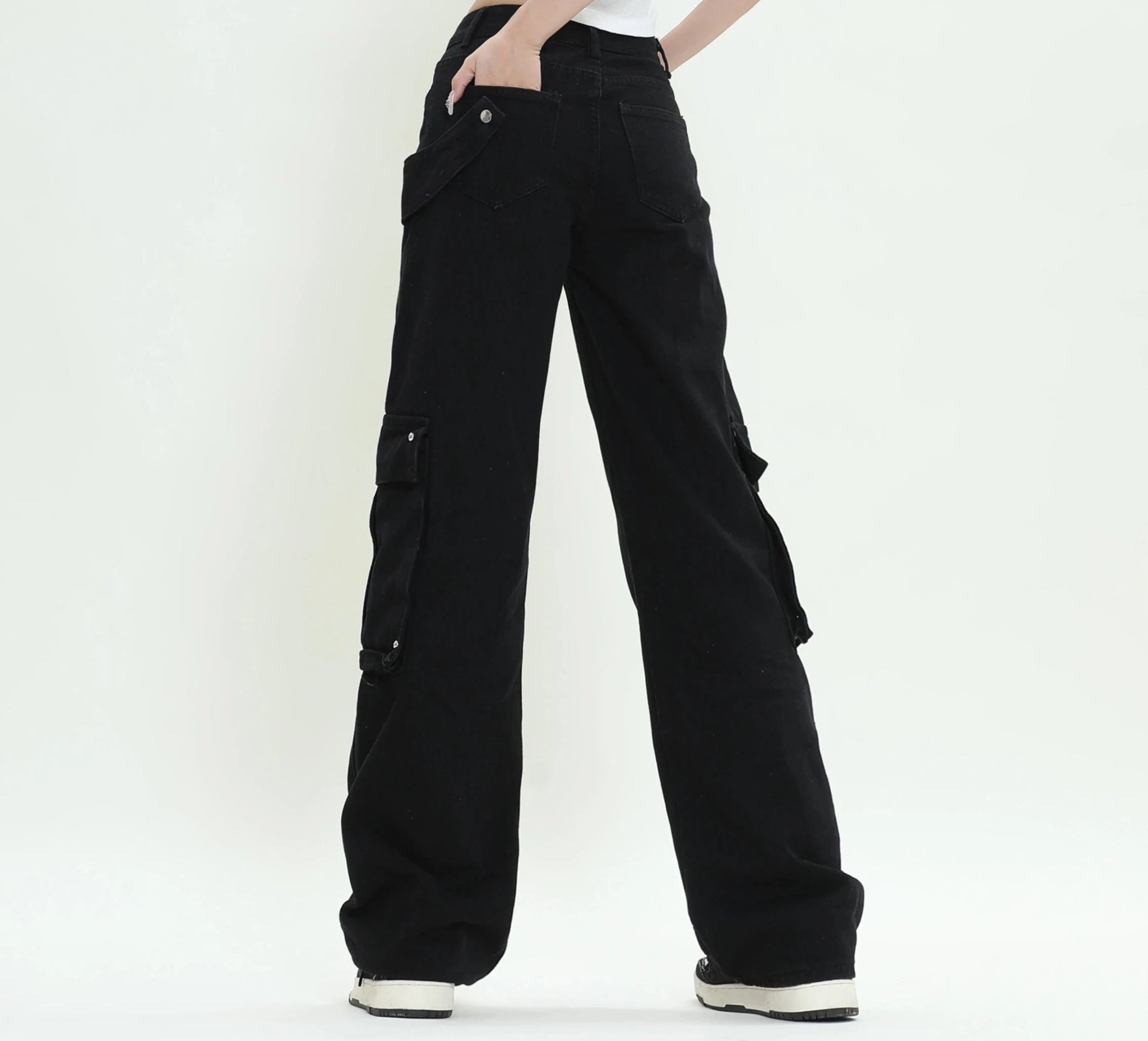 Black Straight High Waist Cargo Pants