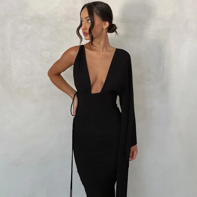 One Shoulder Ruched Backless Draped Maxi Dress