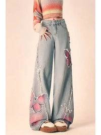 High Waist Straight Butterfly Print Jeans