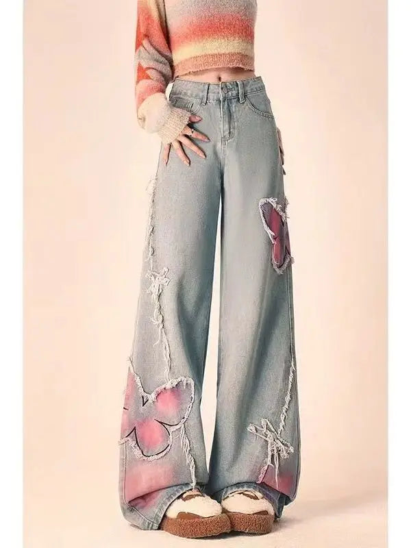 High Waist Straight Butterfly Print Jeans