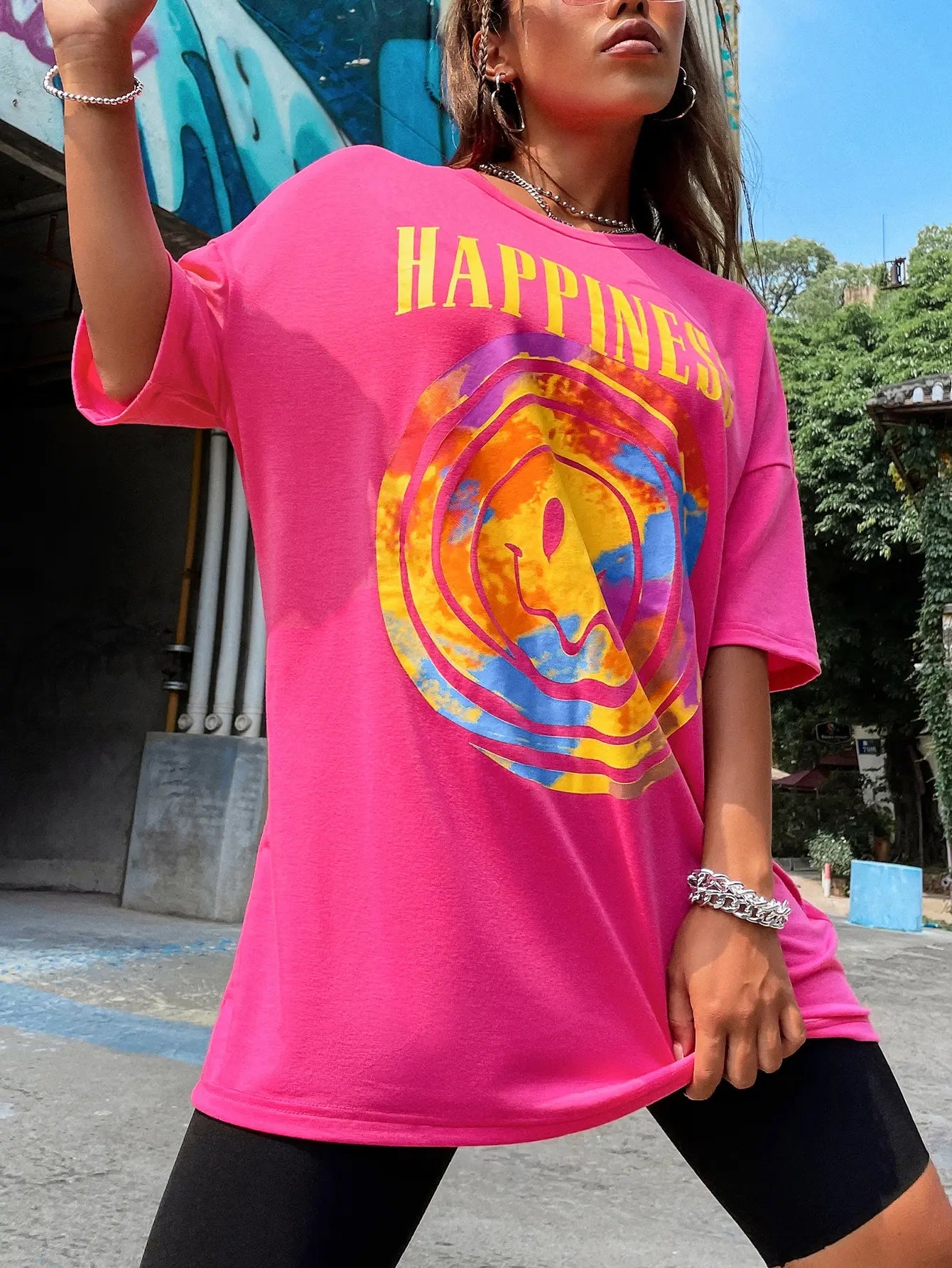 Happiness Print Short Sleeve Loose T-Shirt