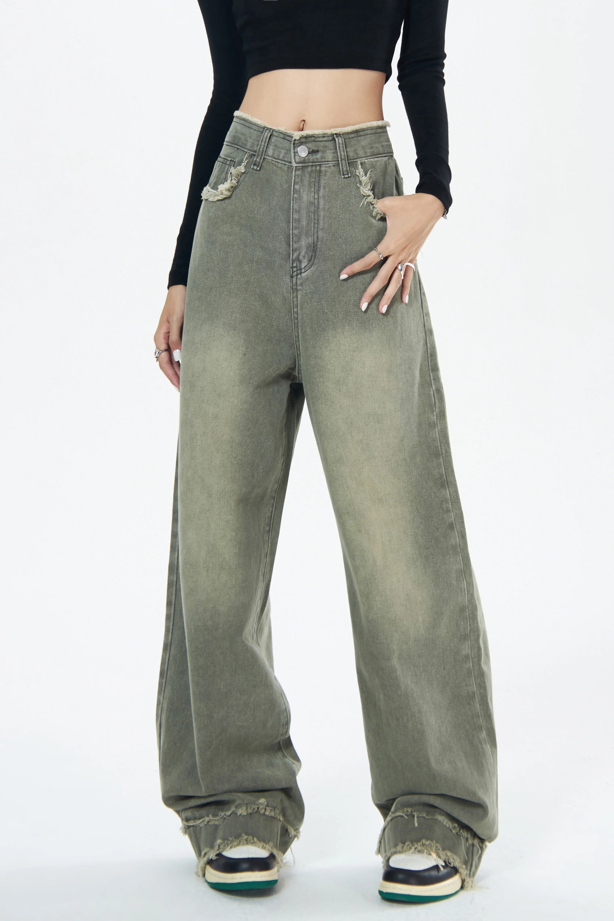 Green Baggy Wide Leg Jeans