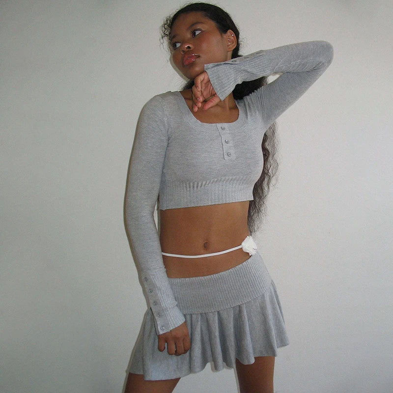 Long Sleeve Crop Top & Pleated Mini Skirt