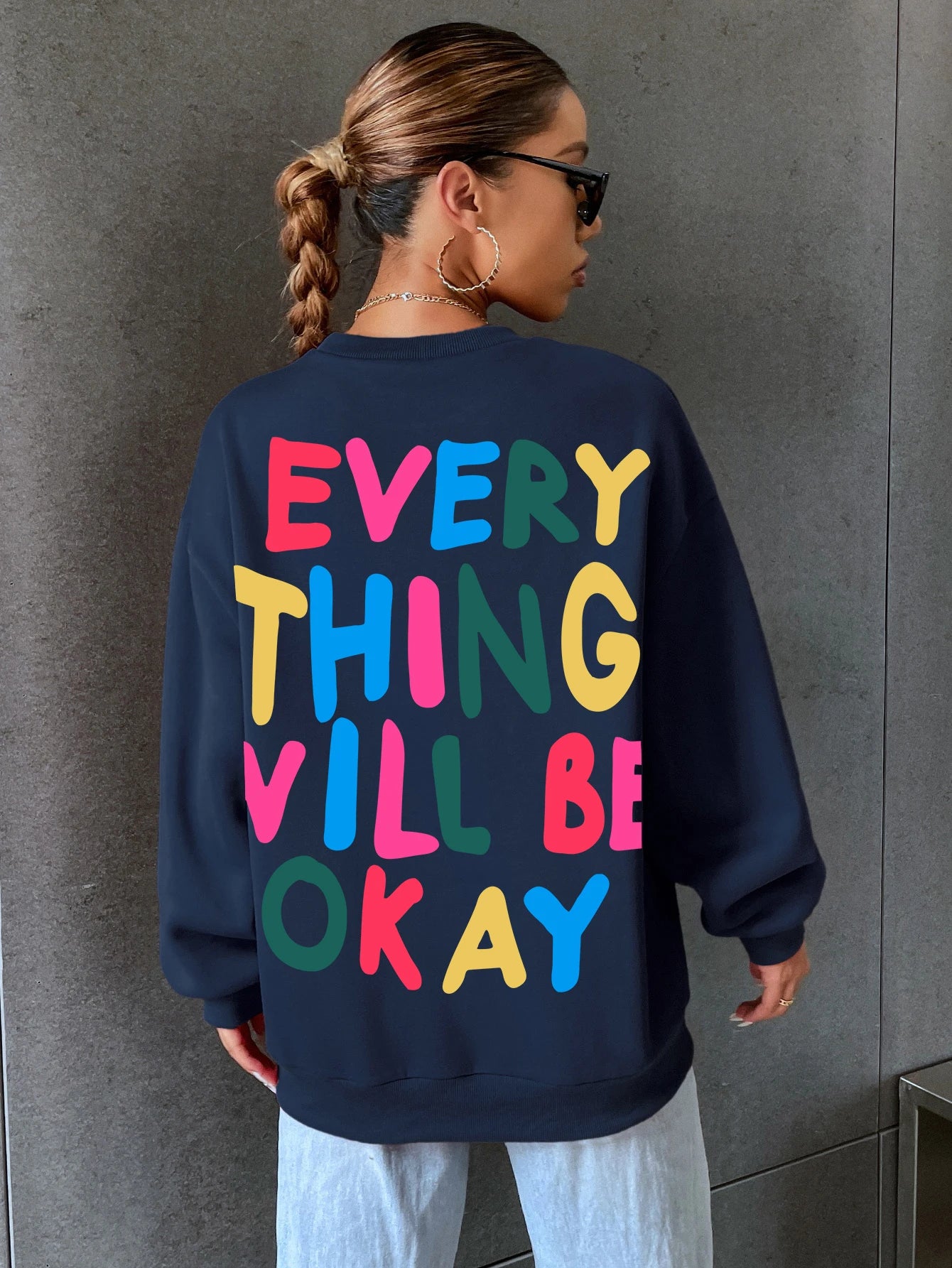 ’Everything Will Be Okay ’Letter Printed Drop-Shoulder Sweatshirt - Dark blue / XL