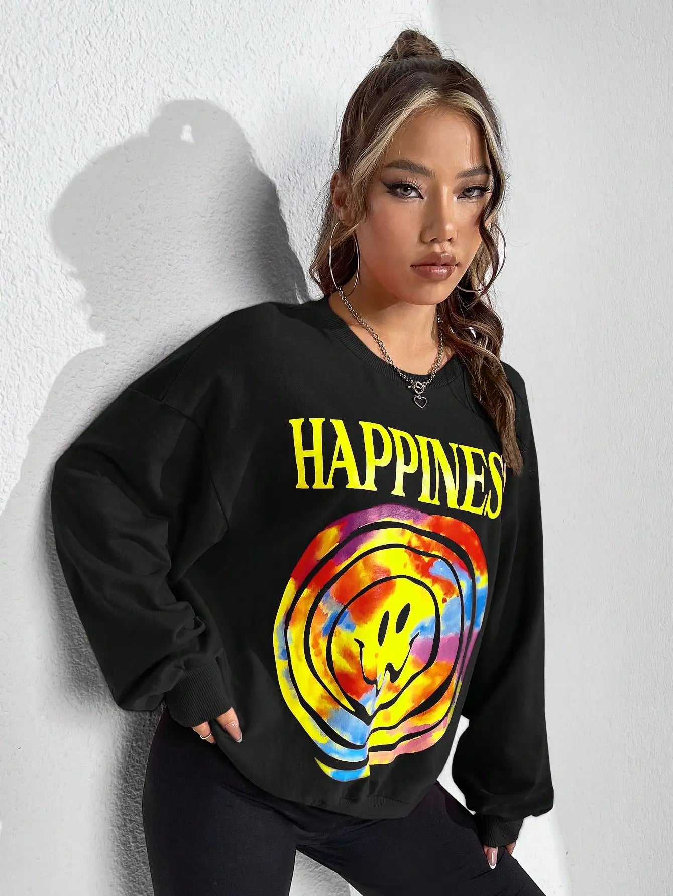 Happy Face Print Loose Sweatshirt