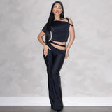 Hollow Out Backless Short Sleeve Crop Top & Pants Set