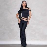 Hollow Out Backless Short Sleeve Crop Top & Pants Set