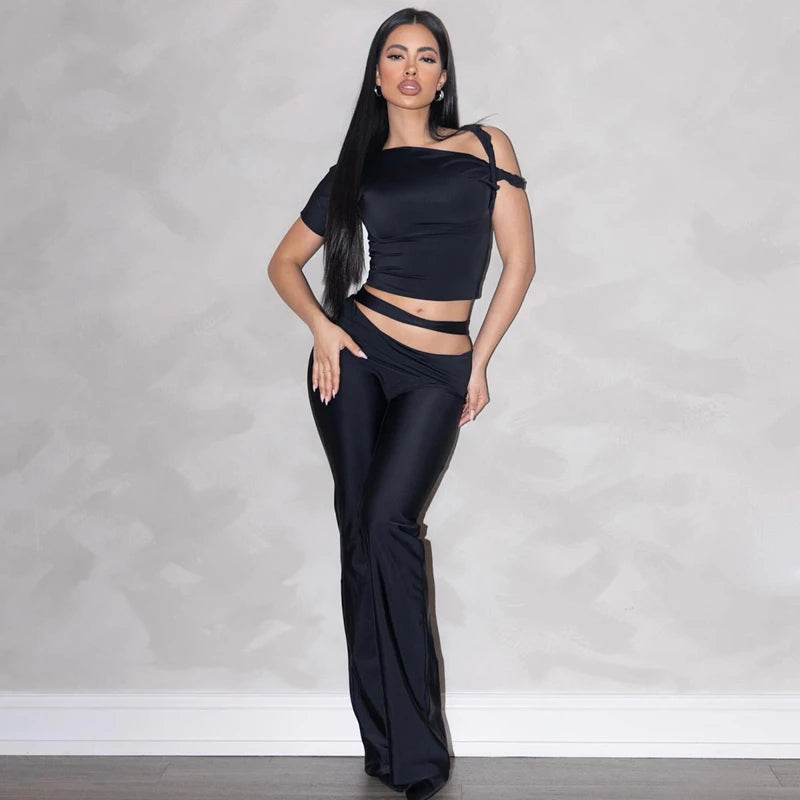 Hollow Out Backless Short Sleeve Crop Top & Pants Set