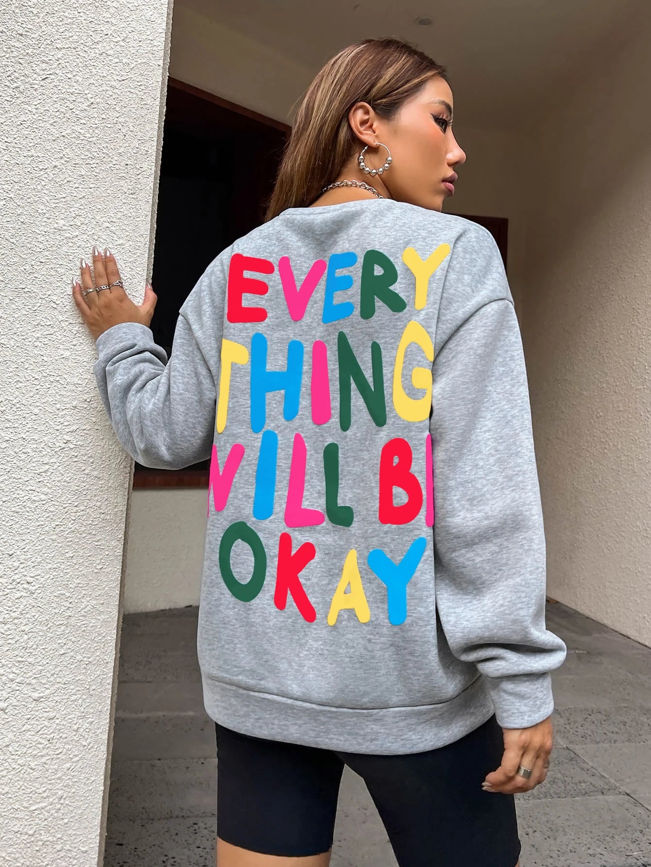 ’Everything Will Be Okay ’Letter Printed Drop-Shoulder Sweatshirt - Gray / S