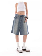 Wide Leg Gradient Blue Retro Denim Shorts