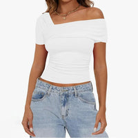 One-shoulder Shirring Short Sleeve Crop Top