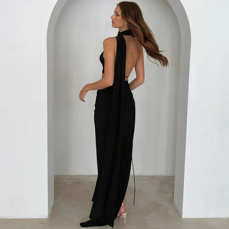 Asymmetrical Halter Slit Cut Out Maxi Dress