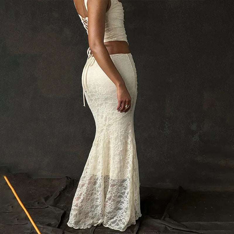 Floral Lace Corset Top and Bandage Ruched Maxi Skirt