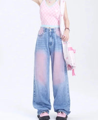 High Waist Baggy Denim Pink Pants