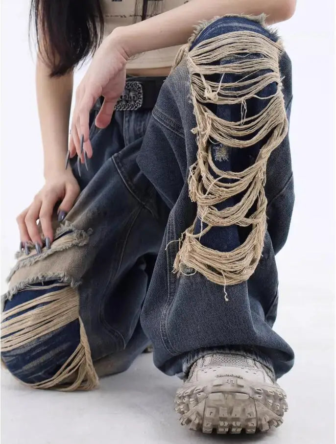 Wide Leg Baggy Ripped Denim Trouser