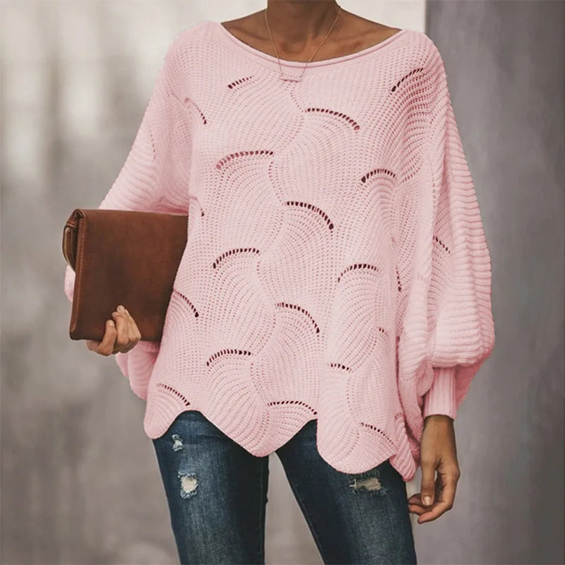 Loose Hollow Out O Neck Knit Top - Pink / S