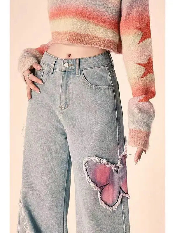 High Waist Straight Butterfly Print Jeans