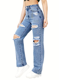 Blue Ripped Slash Pockets Baggy Straight Jeans