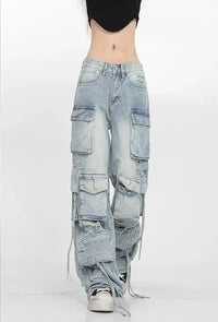 Light Blue Lace-up Wide Leg Baggy Denim Jeans