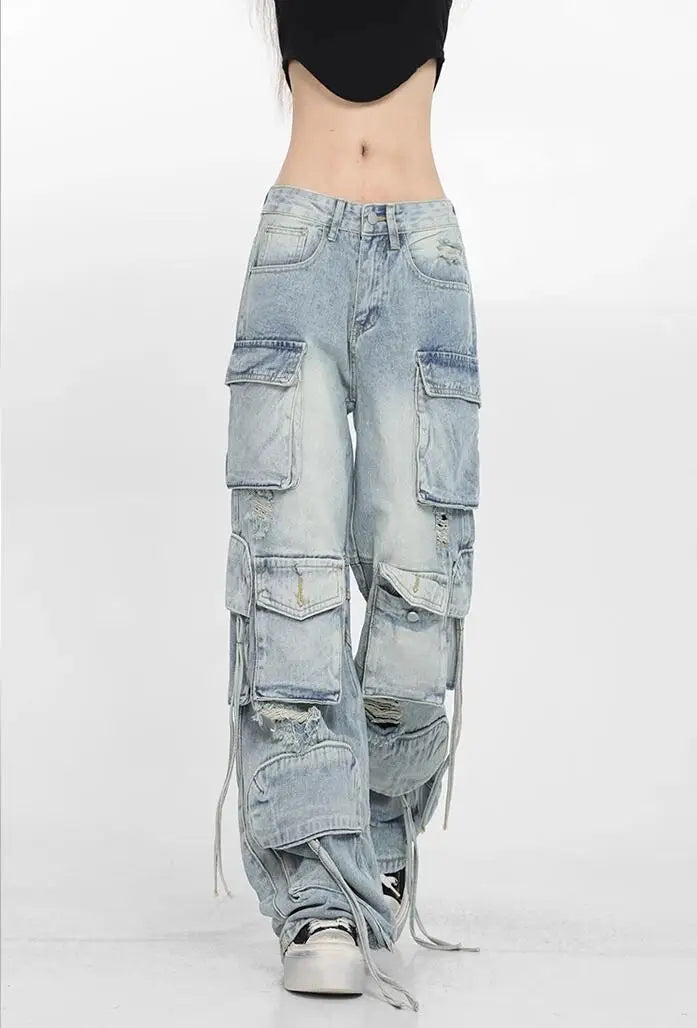 Light Blue Lace-up Wide Leg Baggy Denim Jeans