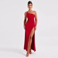 One Shoulder Ruched Backless Split Maxi Dress - Red / S