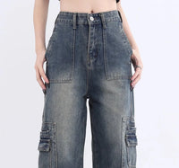 High Waist Straight Casual Baggy Blue Cargo Jeans