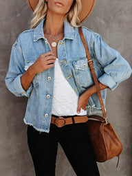 Light Blue Flap Pockets Long Sleeve Denim Jacket