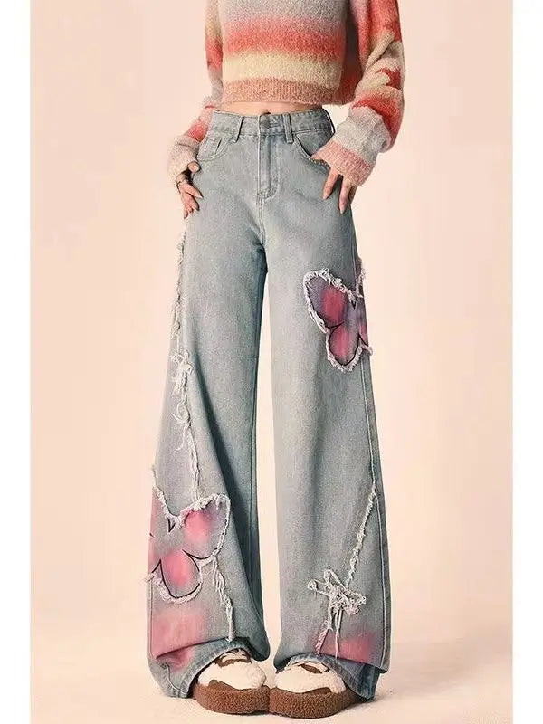 High Waist Straight Butterfly Print Jeans