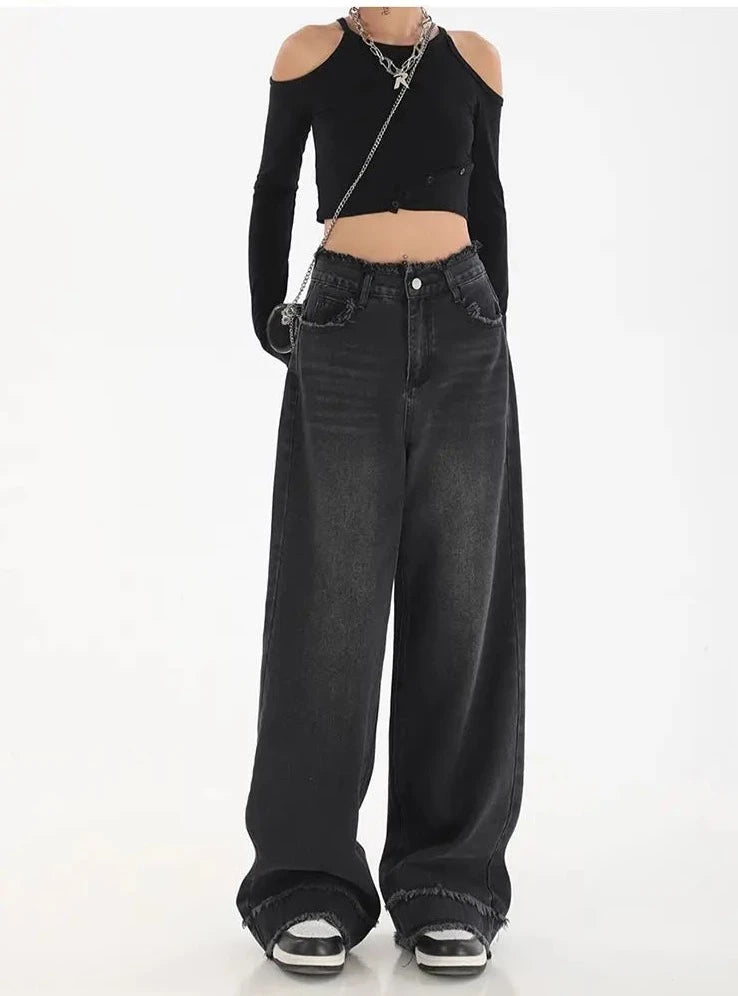 High Waist Wide Leg Straight Denim Jeans