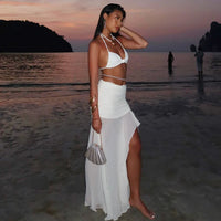 White Sleeveless Top & Draped Slit Skirt Set