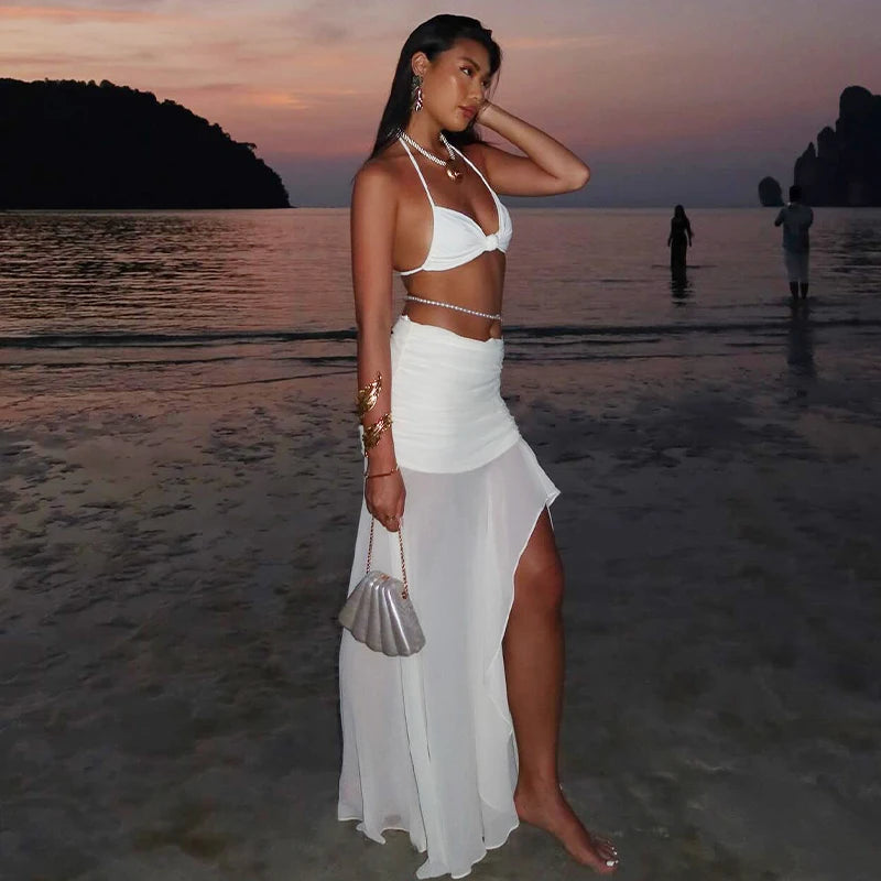 White Sleeveless Top & Draped Slit Skirt Set