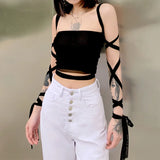 Black Mesh Lace Up Bandage Crop Top