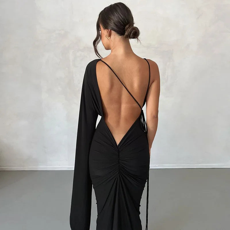 One Shoulder Ruched Backless Draped Maxi Dress