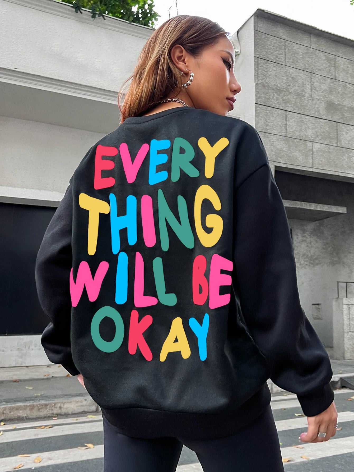 ’Everything Will Be Okay ’Letter Printed Drop-Shoulder Sweatshirt - Black / XXL